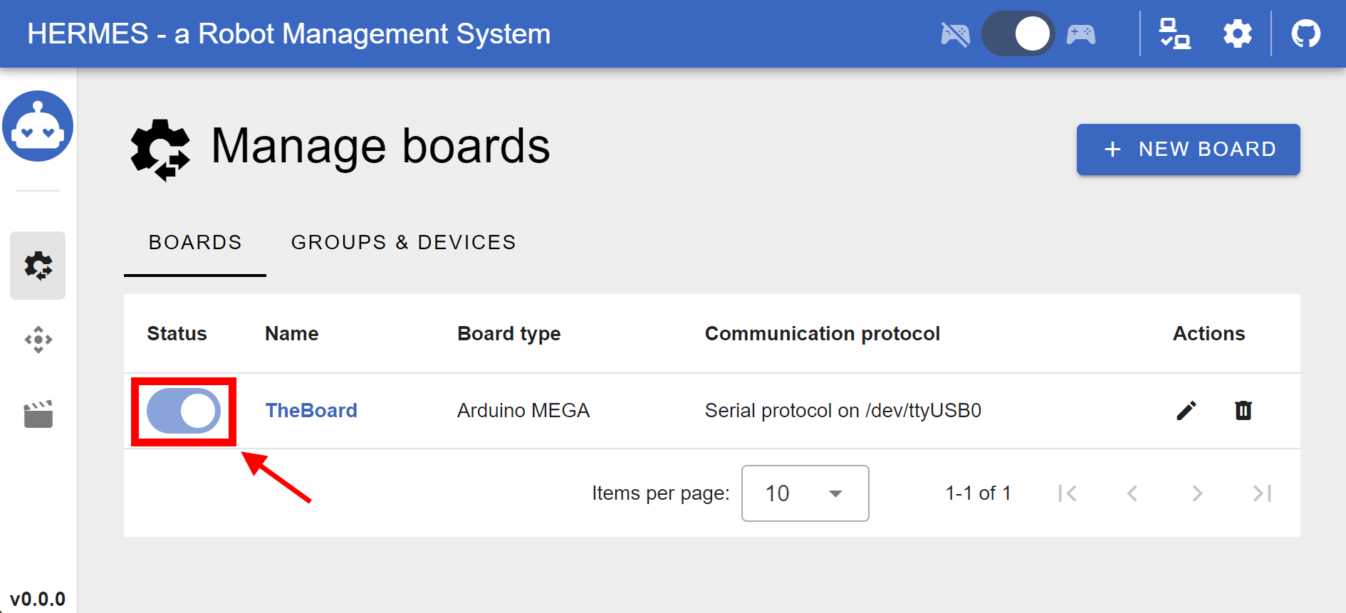 Status is a button to individually connect the board